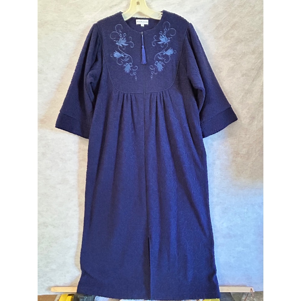 Miss Elaine Navy Blue Textured Fleece Zip Front Long Robe Floral Embroidered S